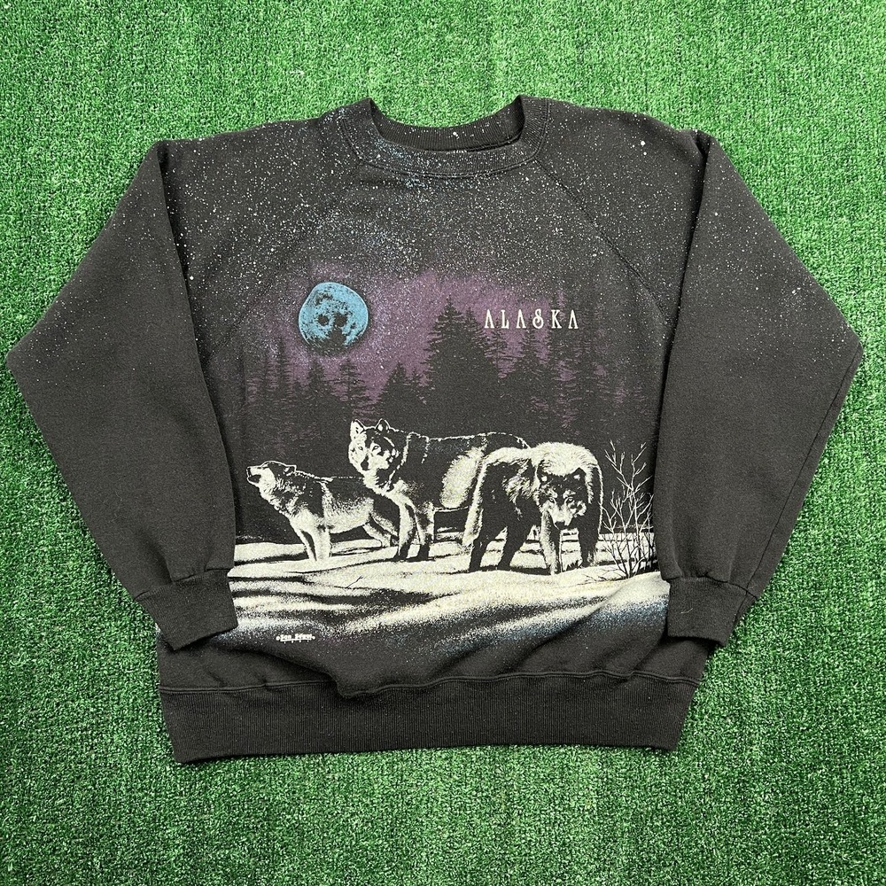 VTG San Segal Wolves Night Stars Nature AOP Raglan Sweatshirt Mens L Black 90s